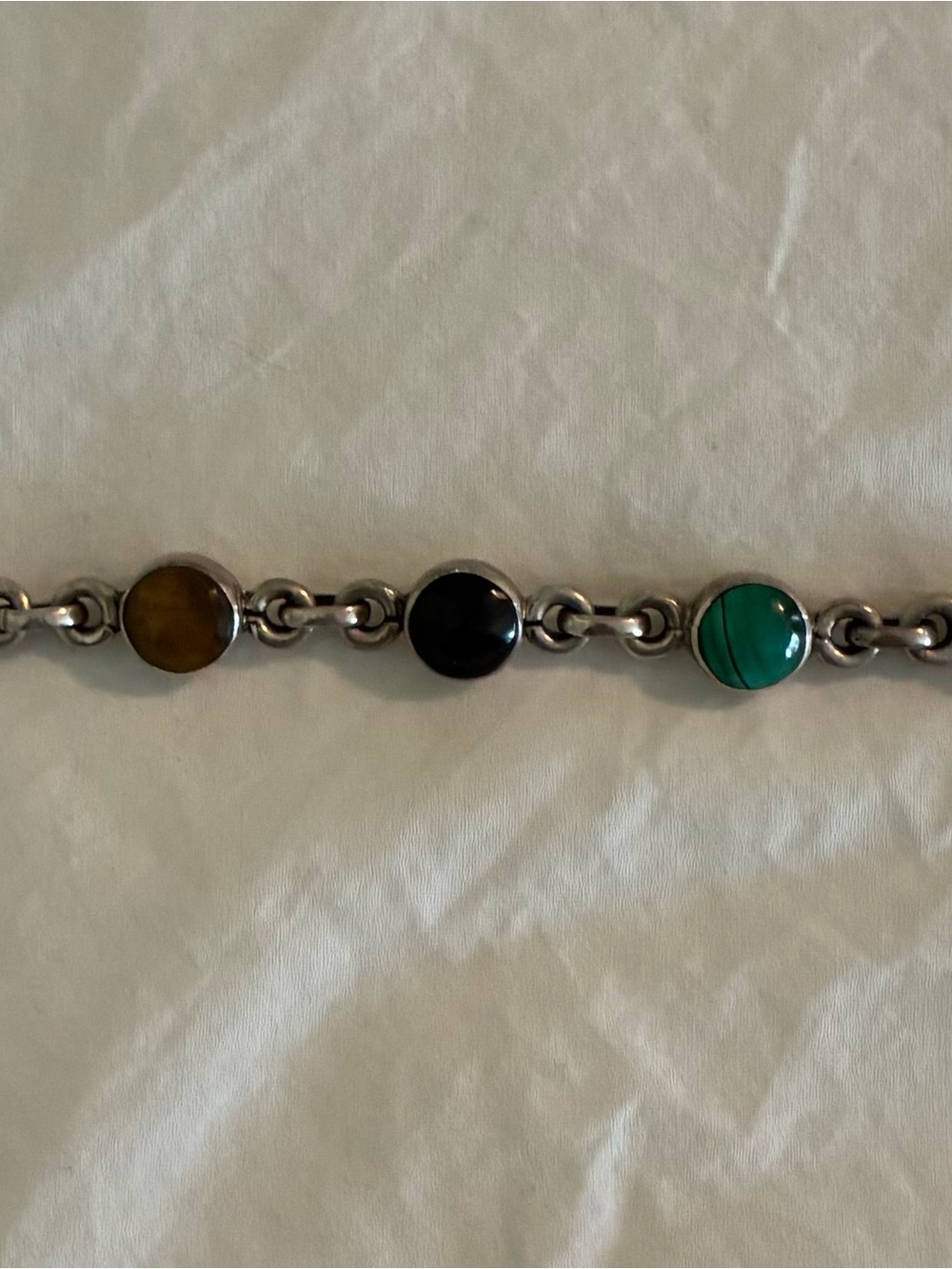 Vintage Sterling Silver multi-gemstone link bracelet Mexican artisan silver